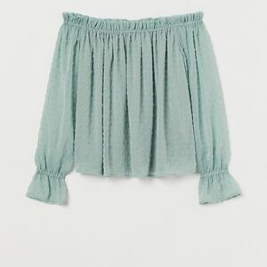H&M DIVIDED off shoulder top light green chiffon crepe lined sheer sleeves top 6